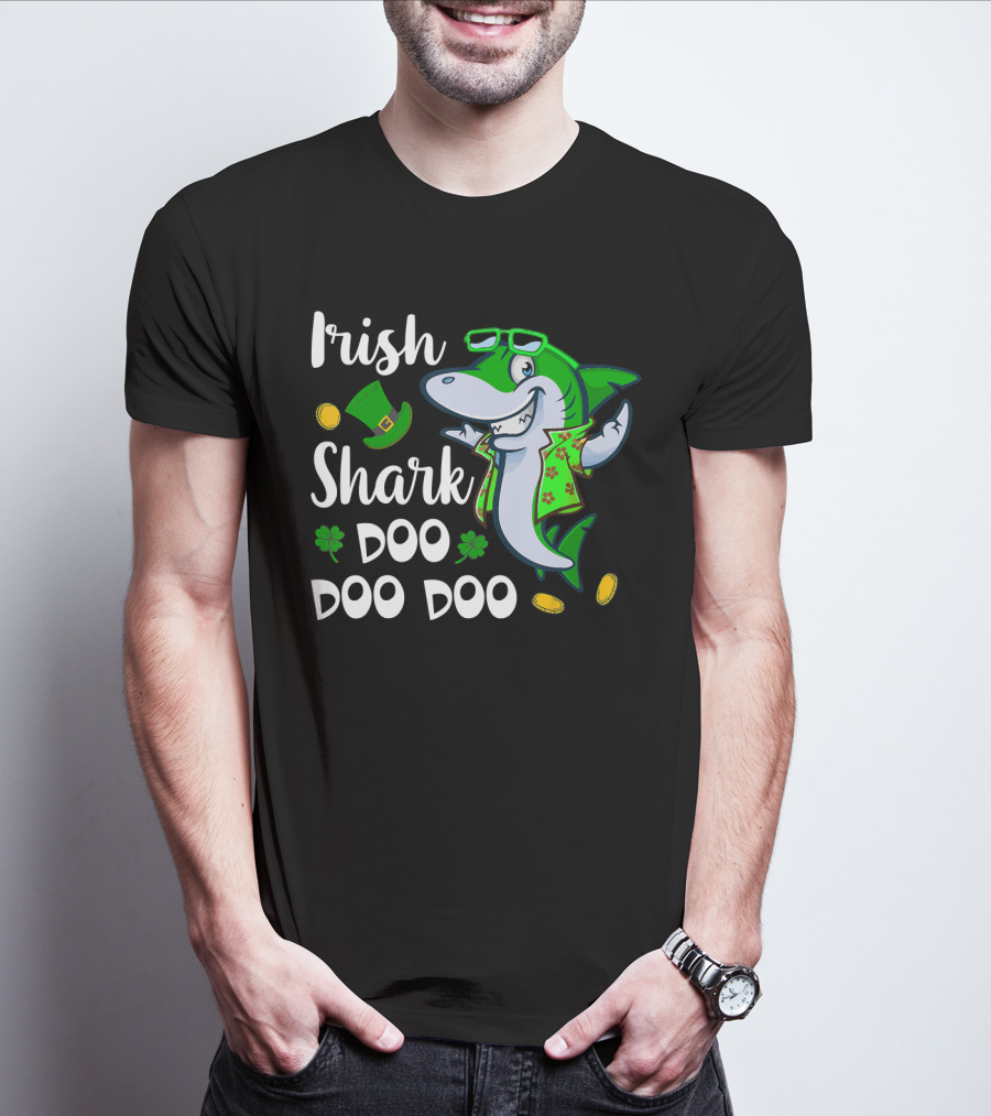 Irish Shark Doo Doo Doo St Patrick Day Leprechaun Hat Coins Shamrock T-Shirt