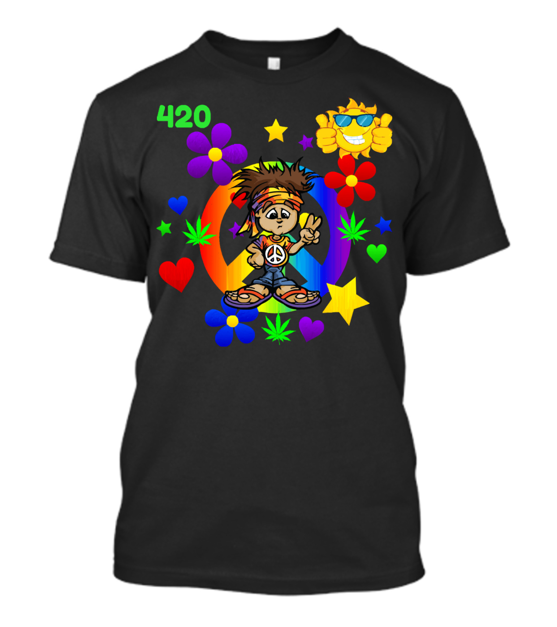 420 Peace Sign Hippie Cartoon With Sun And Colorful Flowers T-Shirt