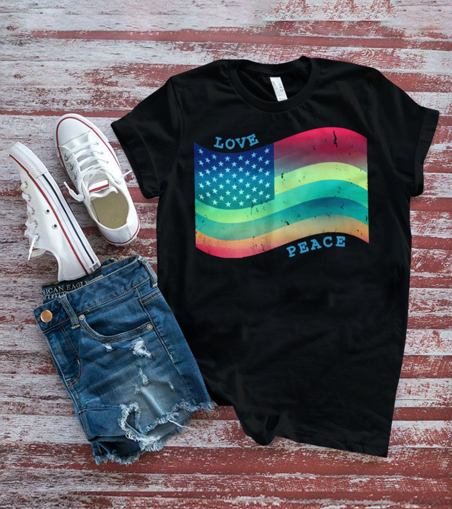 Love Peace Pride Rainbow American Flag T-Shirt