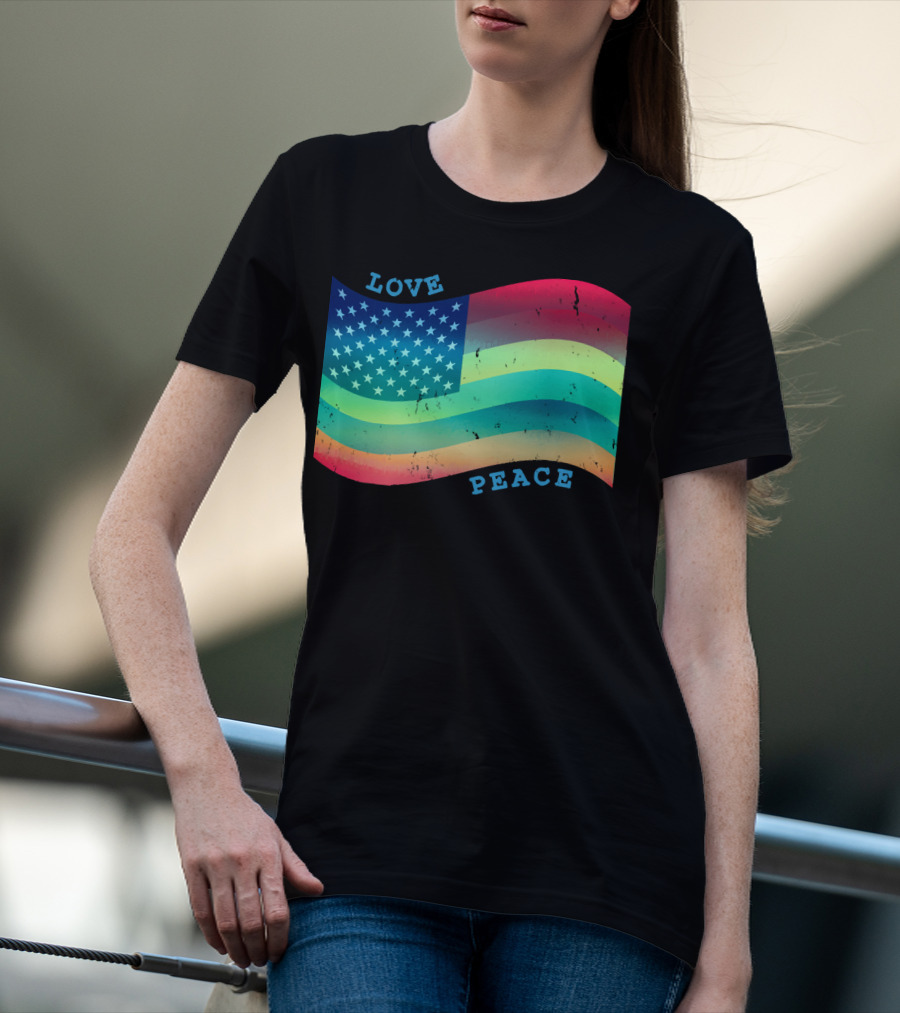 Love Peace Pride Rainbow American Flag T-Shirt