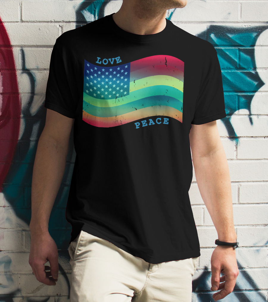 Love Peace Pride Rainbow American Flag T-Shirt