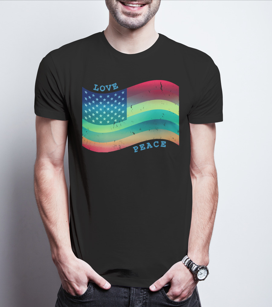 Love Peace Pride Rainbow American Flag T-Shirt