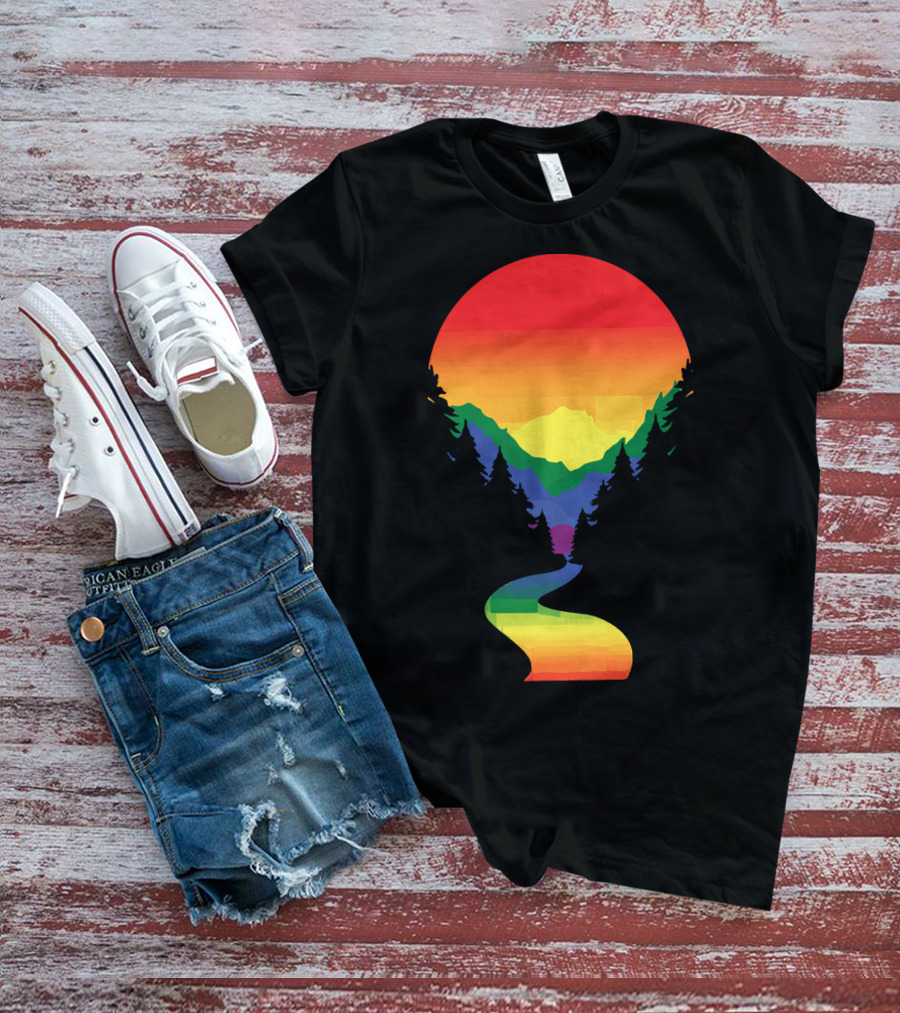 Rainbow Pride Sunset Silhouette Mountains Forest Pathway T-Shirt