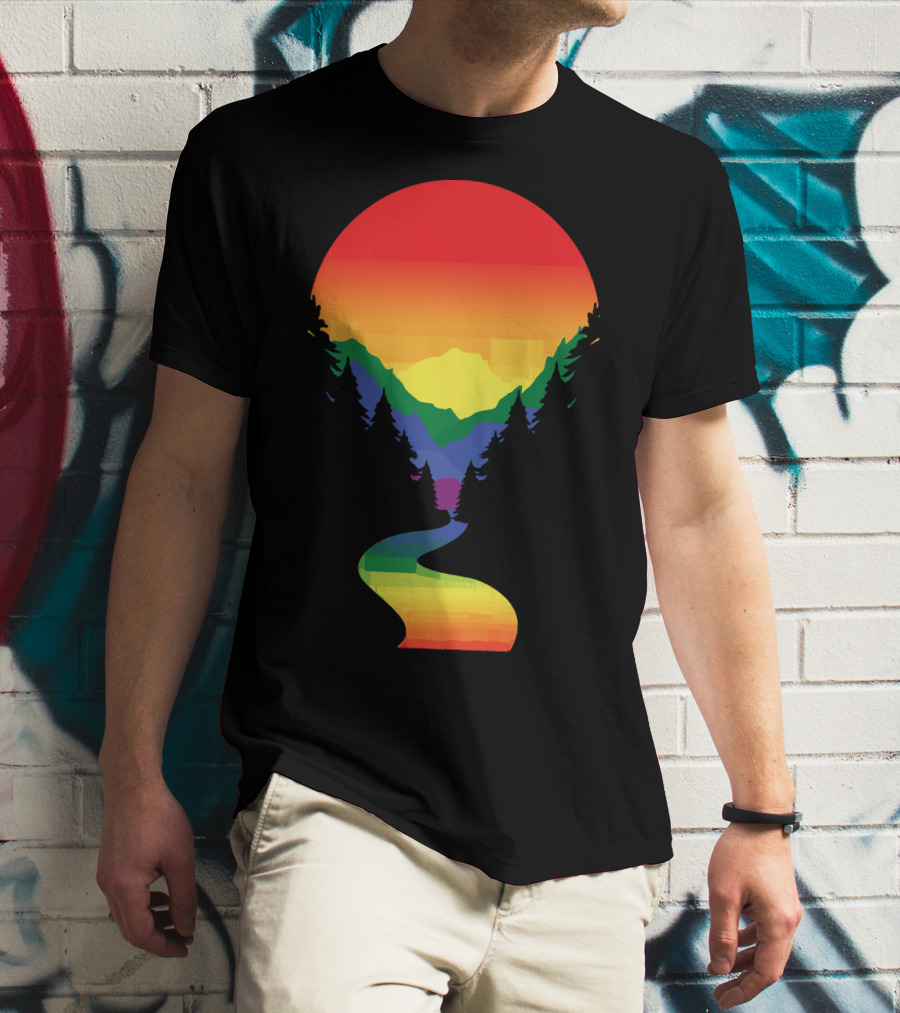 Rainbow Pride Sunset Silhouette Mountains Forest Pathway T-Shirt