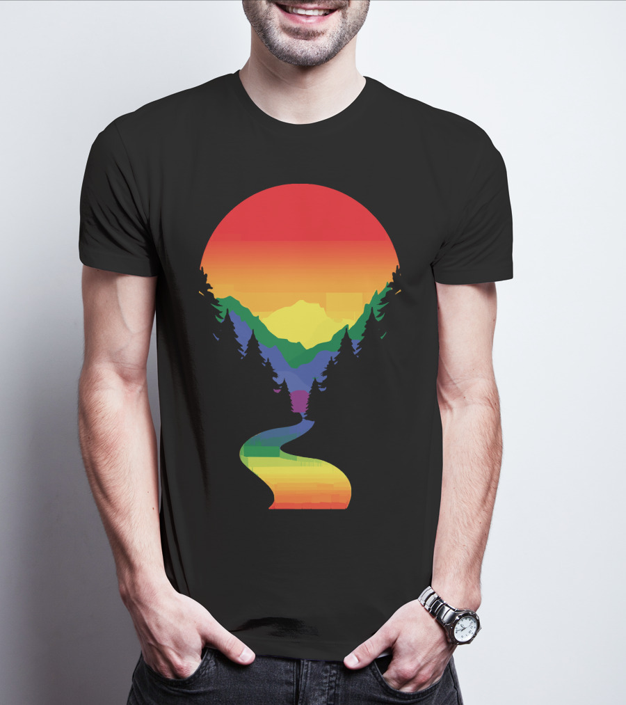 Rainbow Pride Sunset Silhouette Mountains Forest Pathway T-Shirt