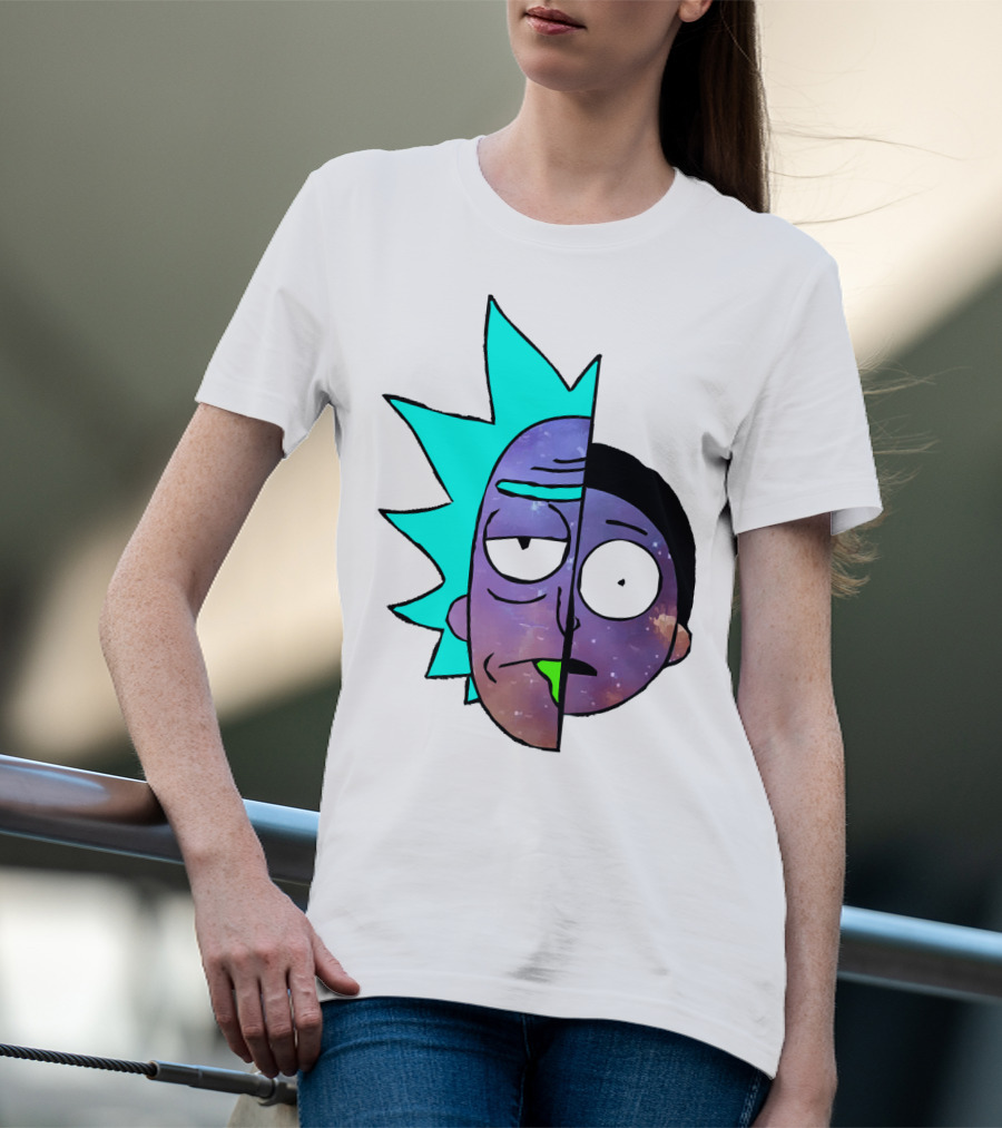 Galactic Rick And Morty Faces Cosmic Split Large T-Shirt