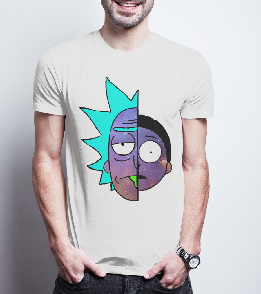 Galactic Rick And Morty Faces Cosmic Split Large T-Shirt