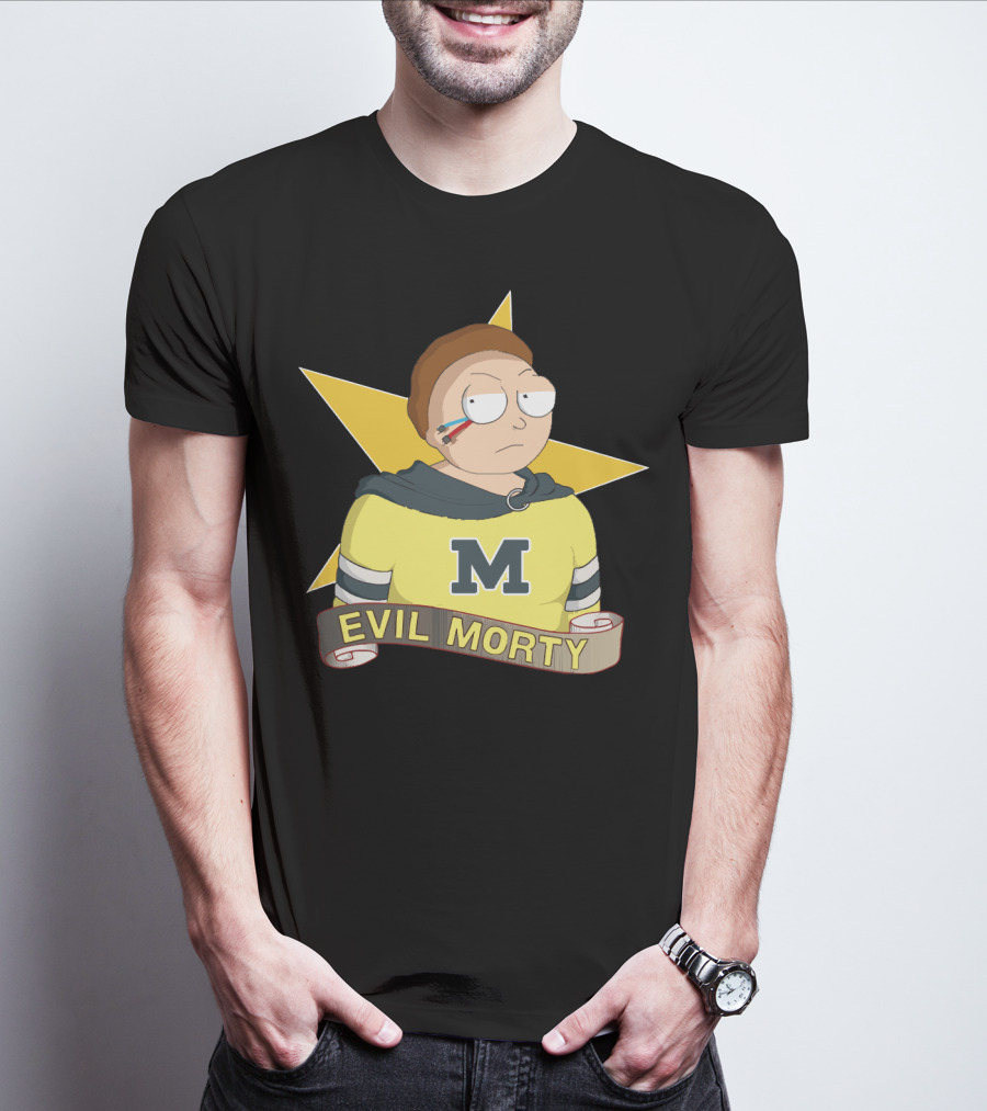 Evil Morty M Star Patch And Scroll Banner T-Shirt