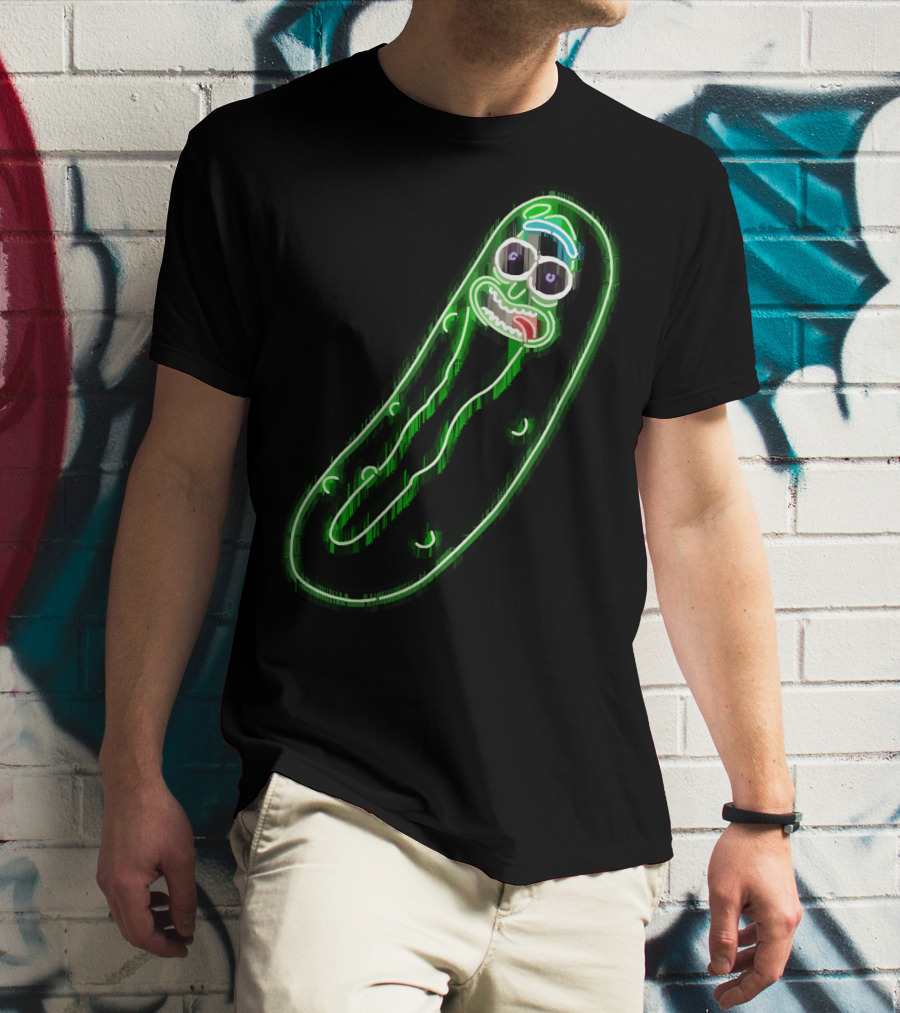 Neon Pickle Rick Left Pocket Glowing Expression T-Shirt