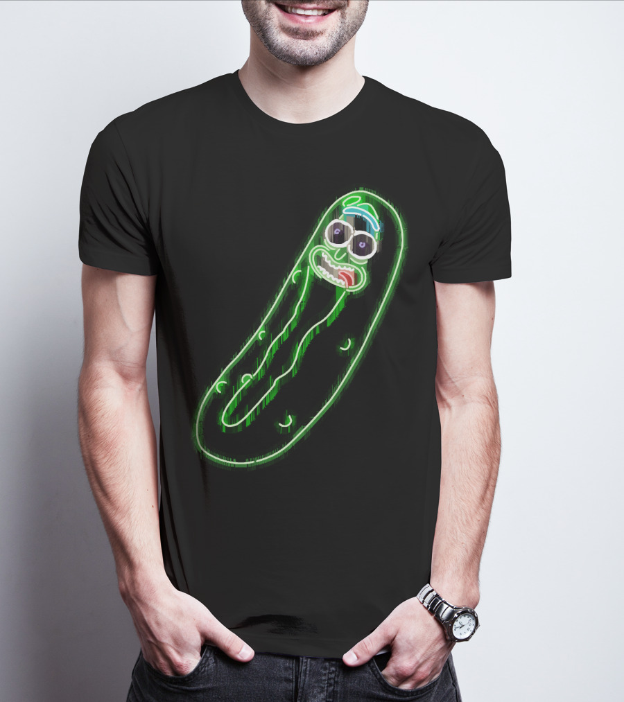 Neon Pickle Rick Left Pocket Glowing Expression T-Shirt