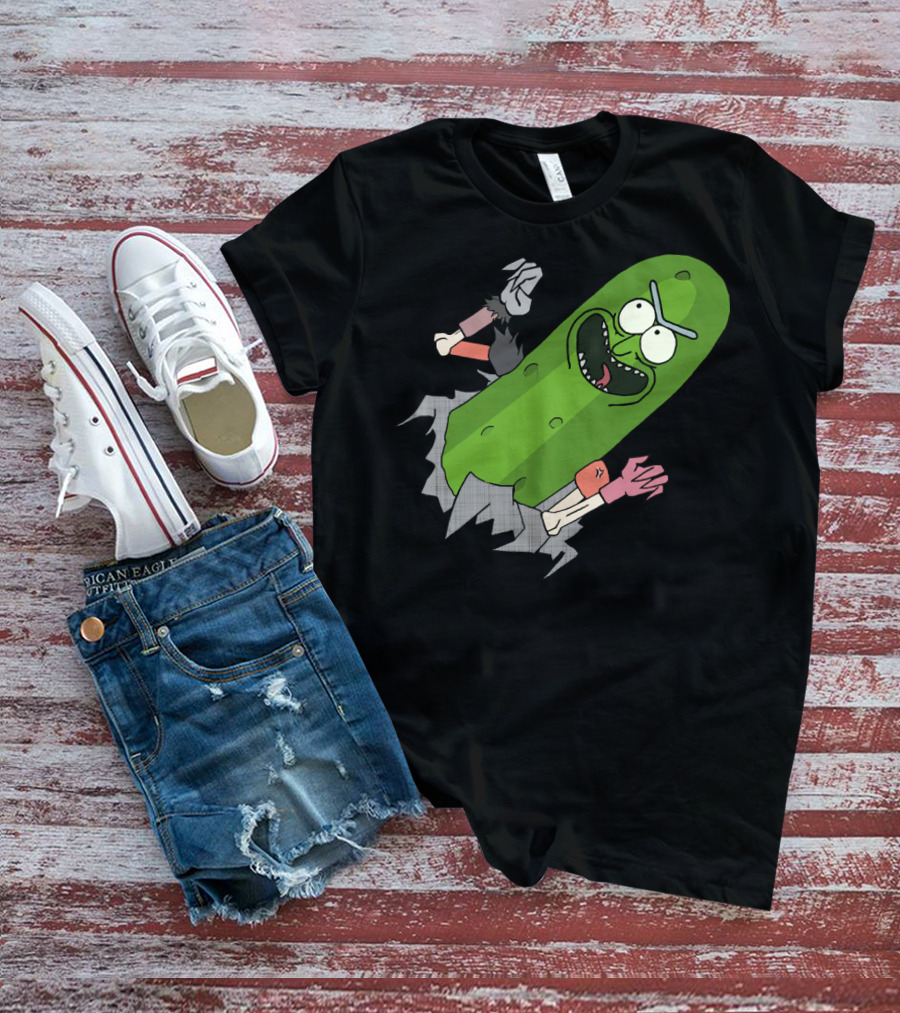 Pickle Rick Breaking Through Punching Action T-Shirt