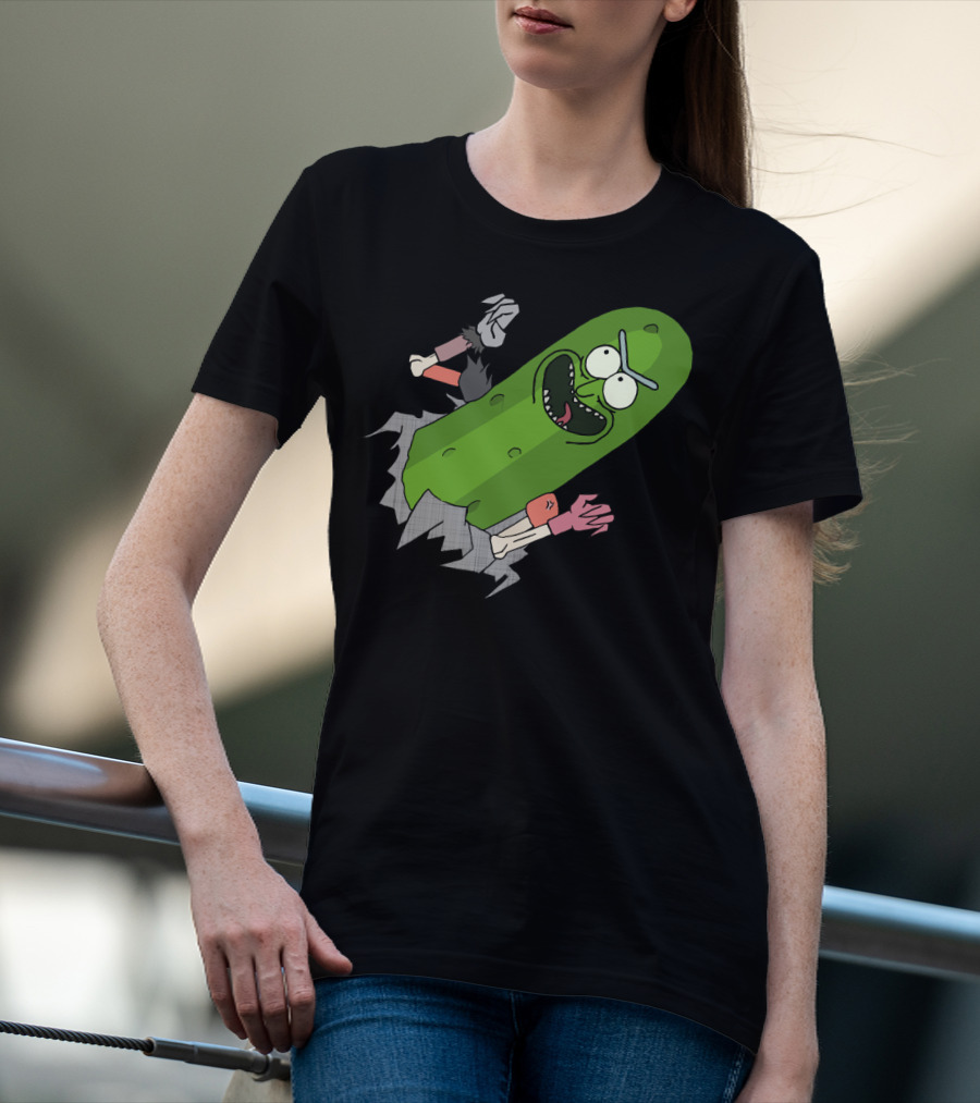 Pickle Rick Breaking Through Punching Action T-Shirt