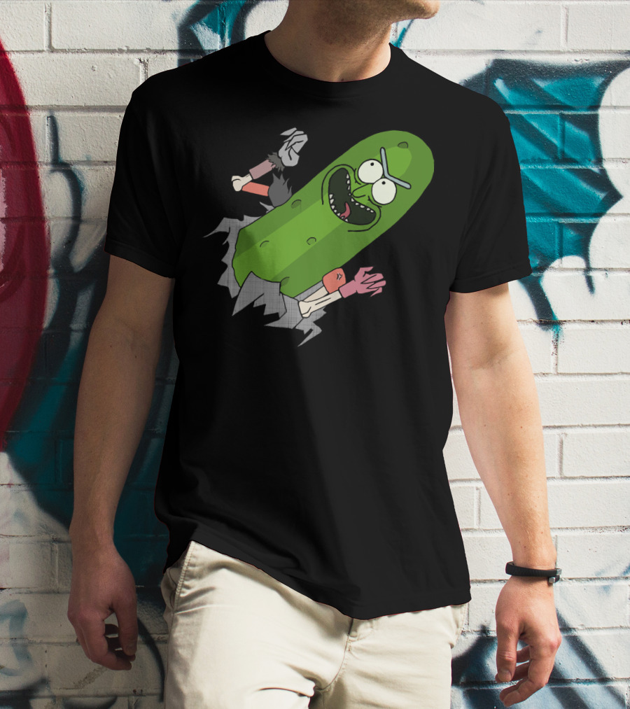 Pickle Rick Breaking Through Punching Action T-Shirt