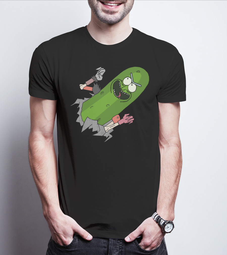 Pickle Rick Breaking Through Punching Action T-Shirt