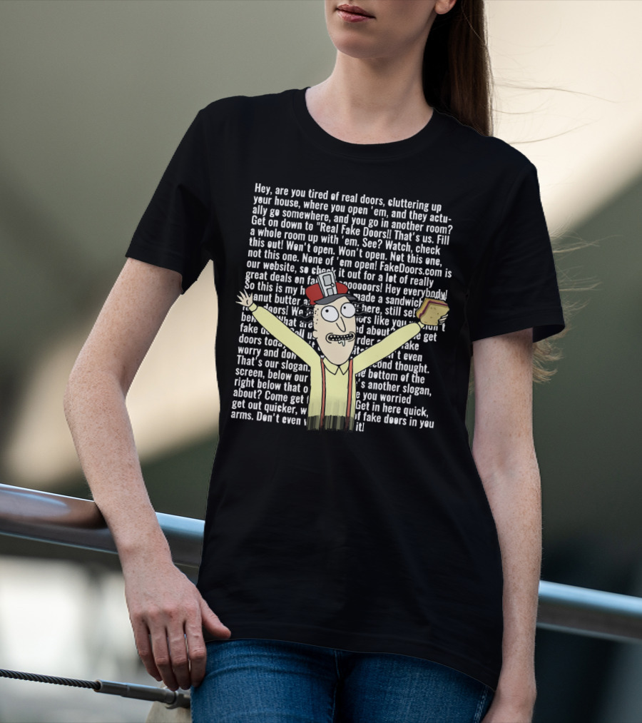 Real Fake Doors Funny Long Text Character Illustration With Sandwich T-Shirt