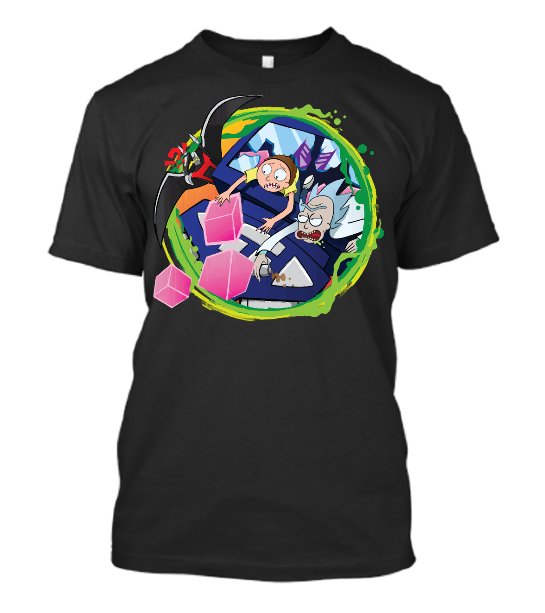 Rick And Morty In Cyber Portal Adventure With Pink Cubes And Alien Figures T-Shirt
