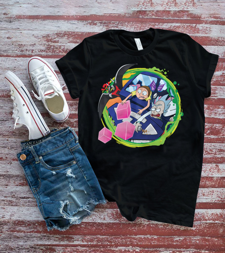 Rick And Morty In Cyber Portal Adventure With Pink Cubes And Alien Figures T-Shirt