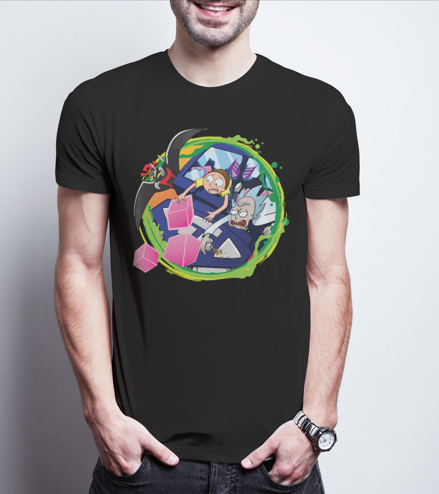 Rick And Morty In Cyber Portal Adventure With Pink Cubes And Alien Figures T-Shirt