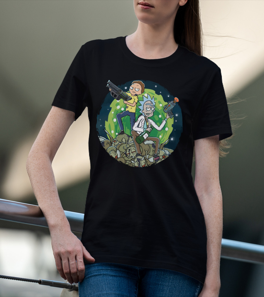 Rick And Morty Battle Against The Gromflomites In Outer Space Adventure Background T-Shirt