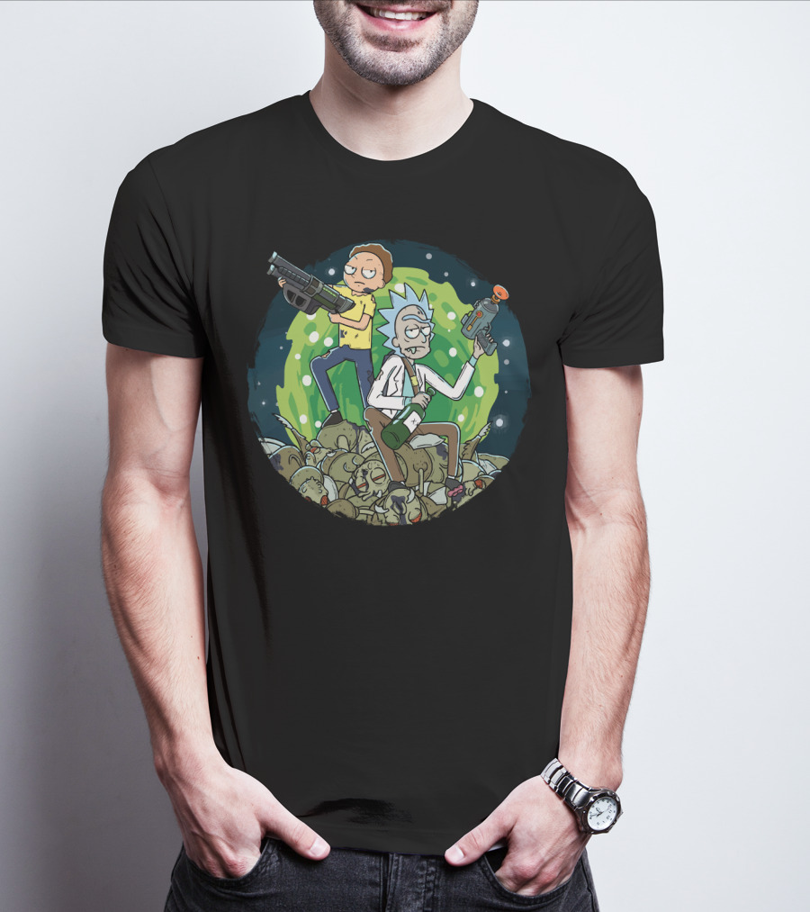 Rick And Morty Battle Against The Gromflomites In Outer Space Adventure Background T-Shirt