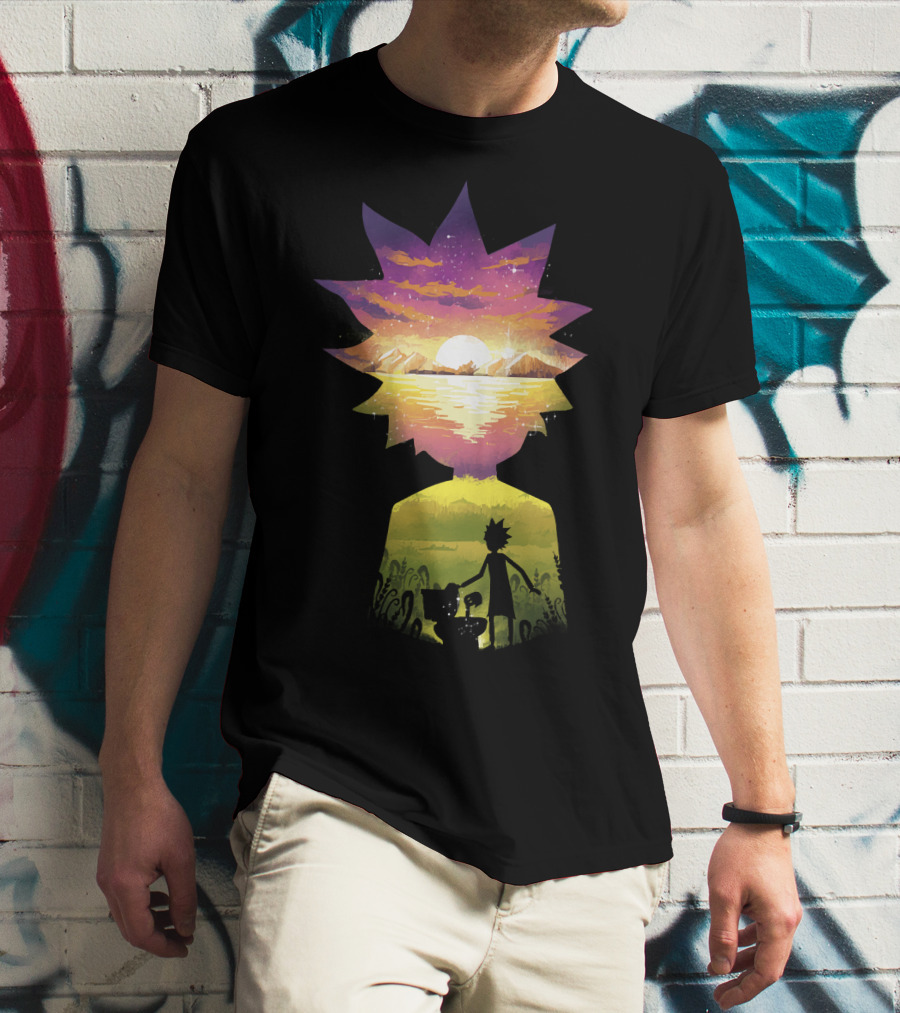 Rick And Morty Cosmic Sunset Adventure Scene T-Shirt