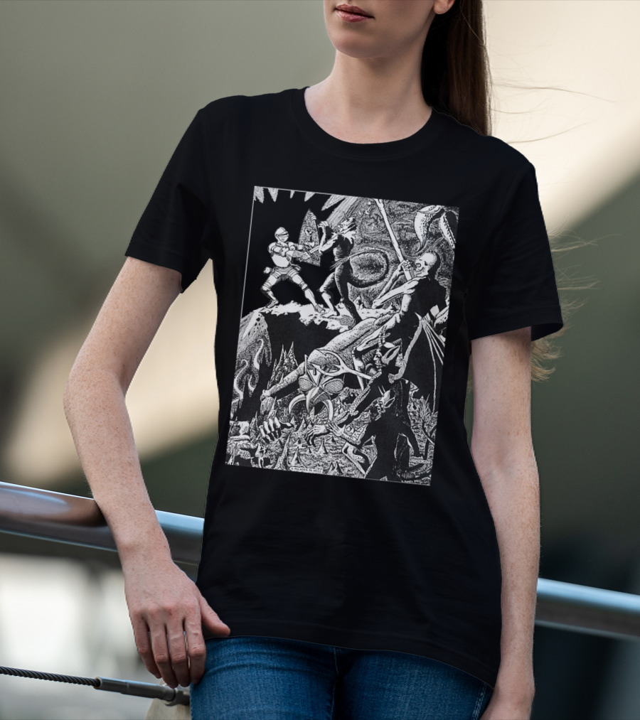 PALADIN IN HELL Classic Dungeon Adventure Battle Scene With Demons And Warriors T-Shirt