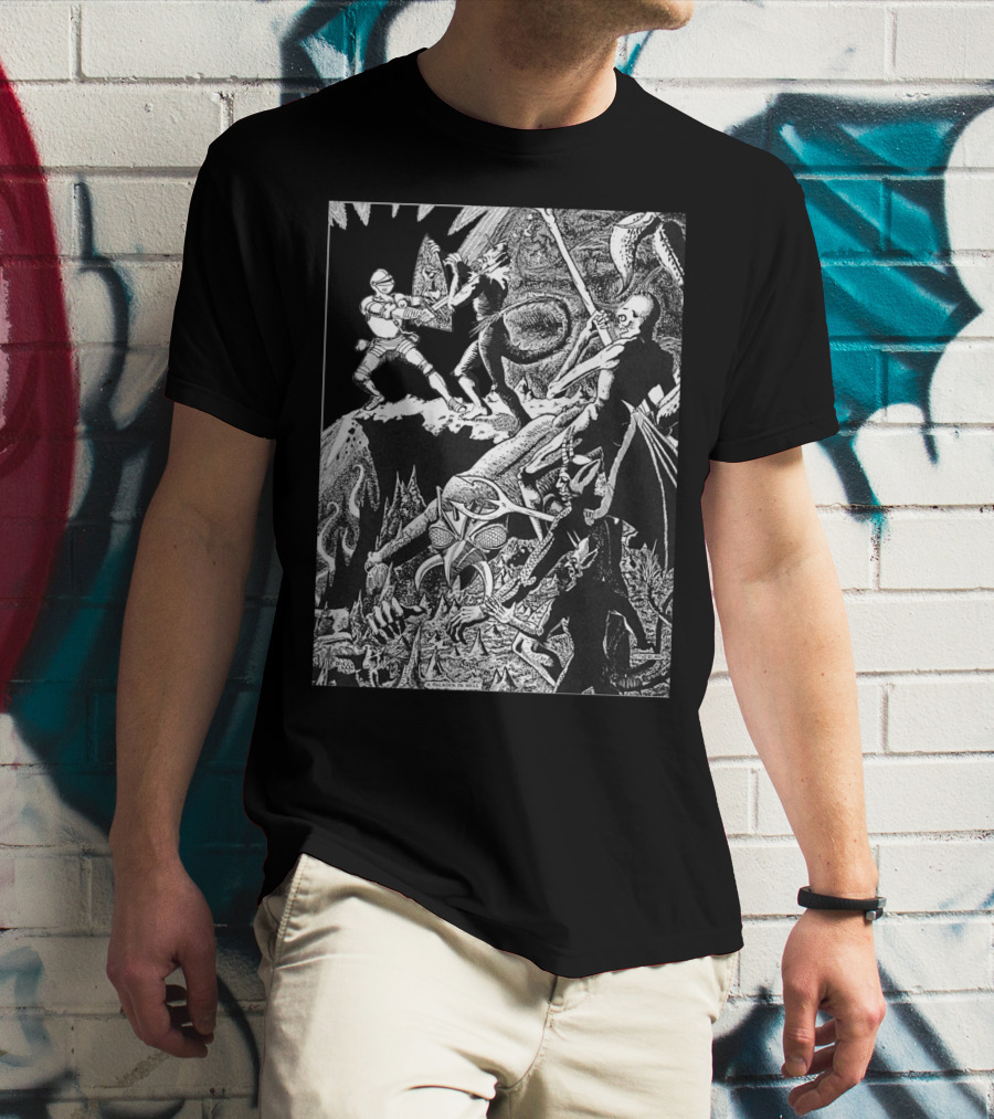 PALADIN IN HELL Classic Dungeon Adventure Battle Scene With Demons And Warriors T-Shirt