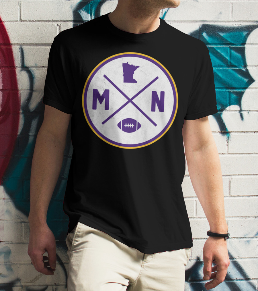 MN State Outline Minnesota Football Crossed Sticks Icon Purple Gold Circle T-Shirt