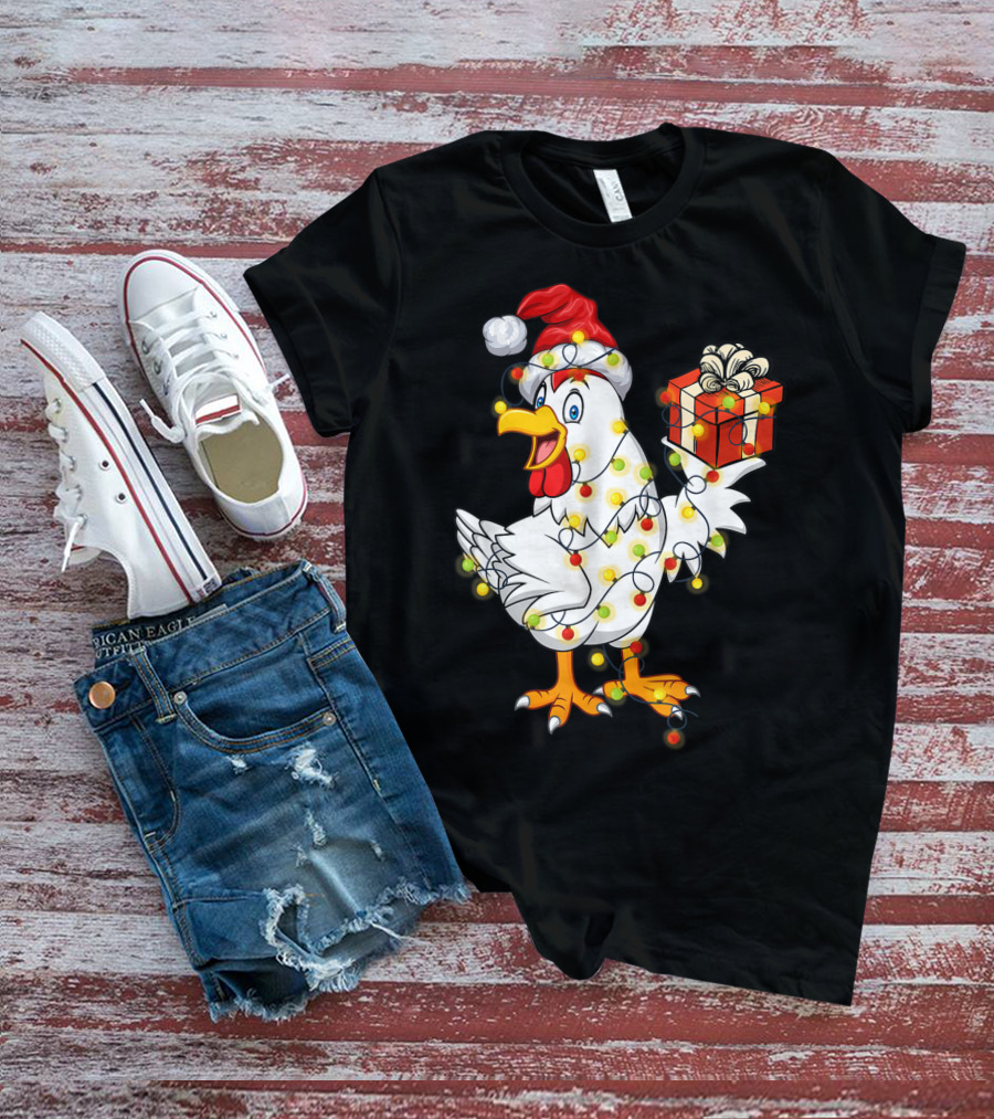 Funny Chicken Wrapped In Christmas Lights With Santa Hat And Gift T-Shirt