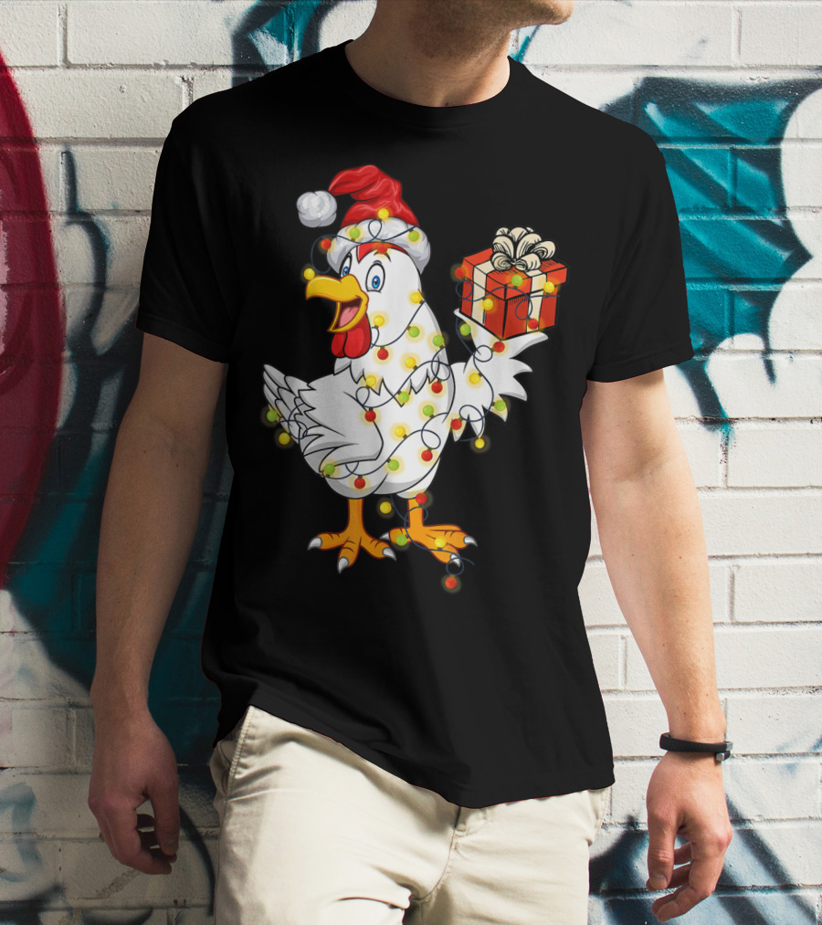 Funny Chicken Wrapped In Christmas Lights With Santa Hat And Gift T-Shirt