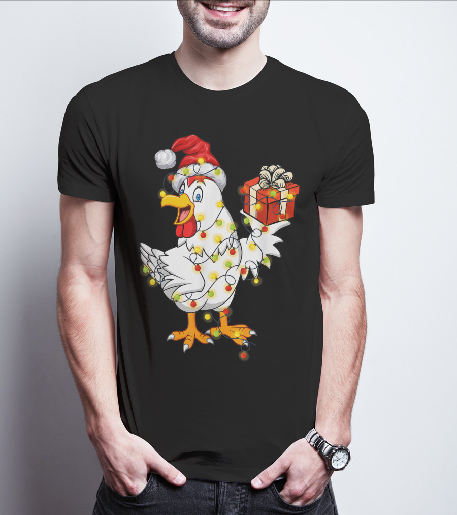 Funny Chicken Wrapped In Christmas Lights With Santa Hat And Gift T-Shirt