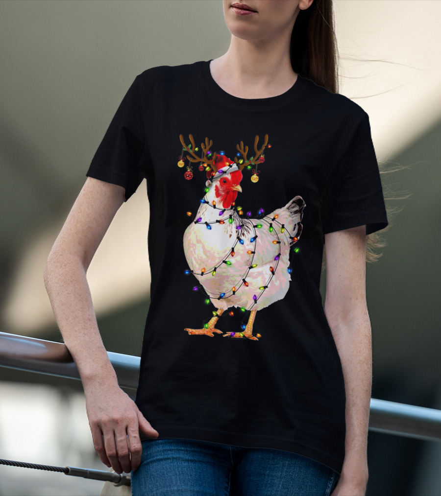 Funny Chicken Wearing Reindeer Antlers And Christmas Lights T-Shirt