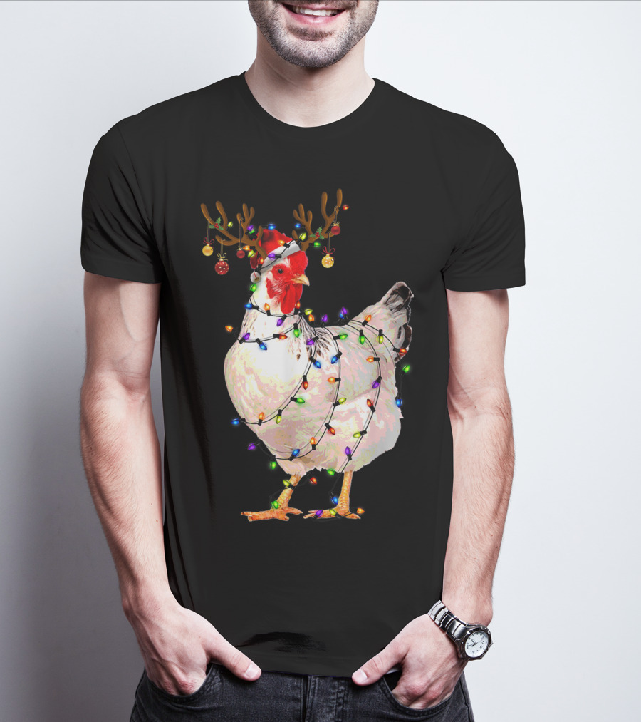 Funny Chicken Wearing Reindeer Antlers And Christmas Lights T-Shirt