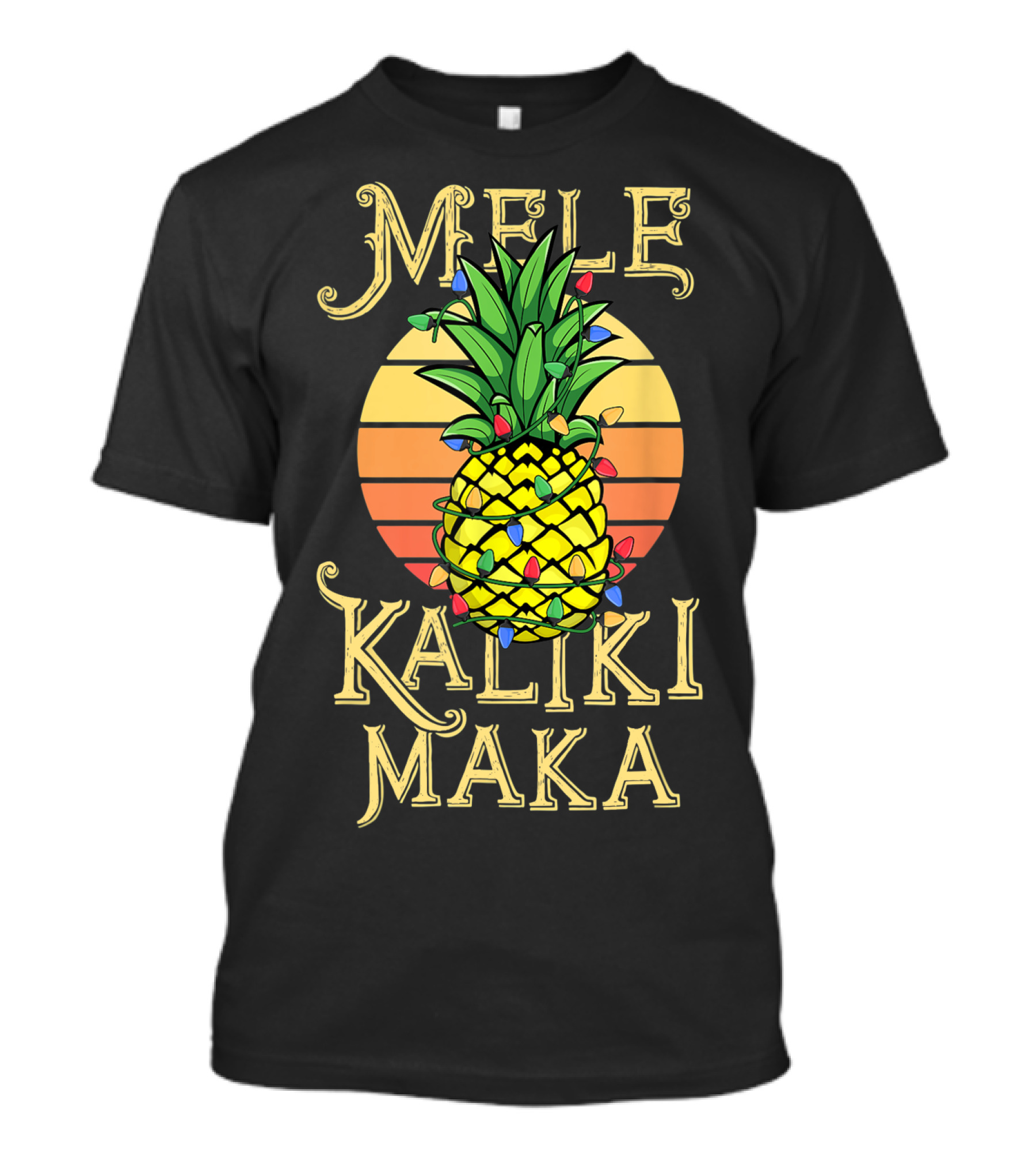 Mele Kalikimaka Hawaiian Christmas Pineapple Lights Vintage Sunset T-Shirt
