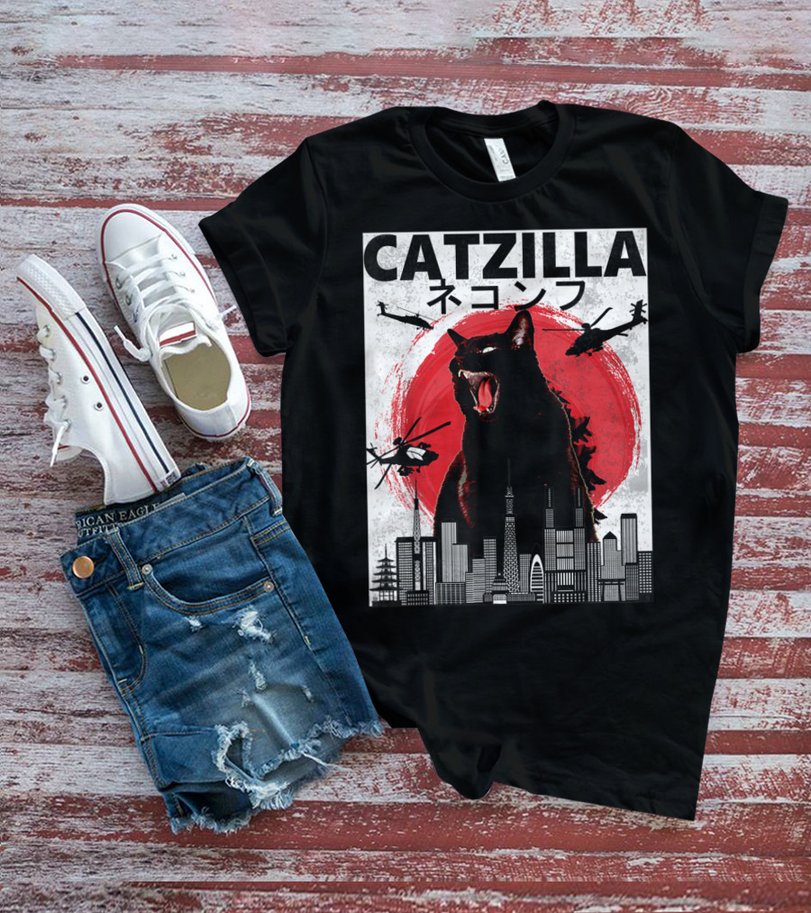 Catzilla Japanese Sunset Helicopters Cityscape Skyscraper Tower T-Shirt