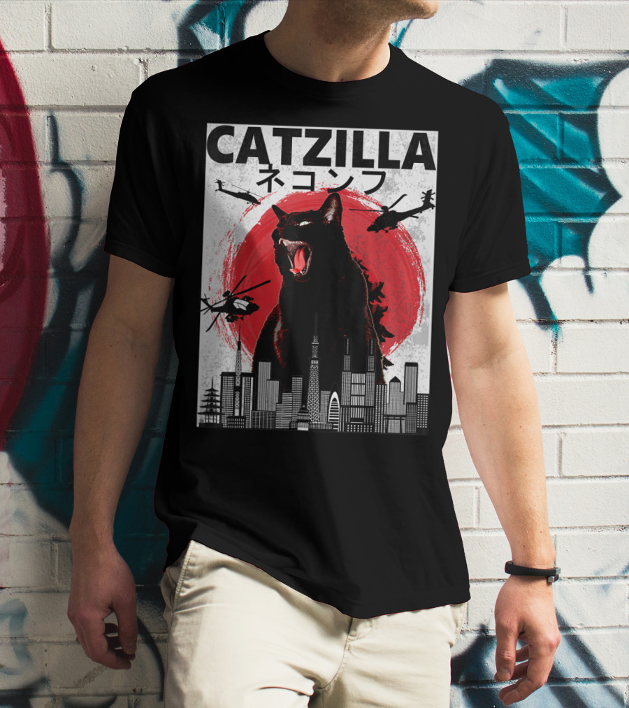 Catzilla Japanese Sunset Helicopters Cityscape Skyscraper Tower T-Shirt