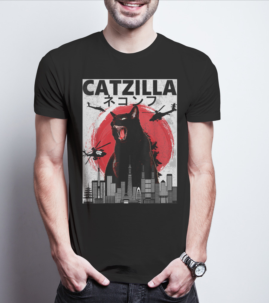 Catzilla Japanese Sunset Helicopters Cityscape Skyscraper Tower T-Shirt