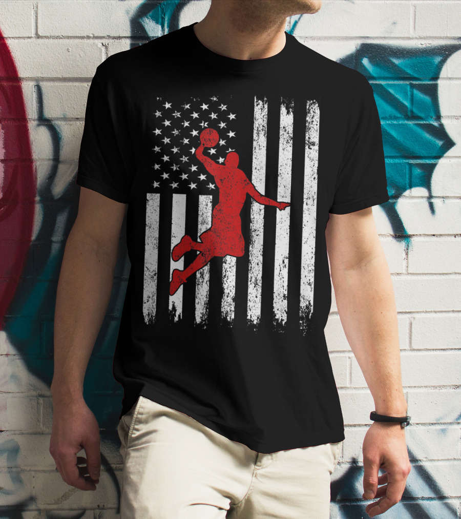 Proud American Basketball Vintage Flag Dunking T-Shirt