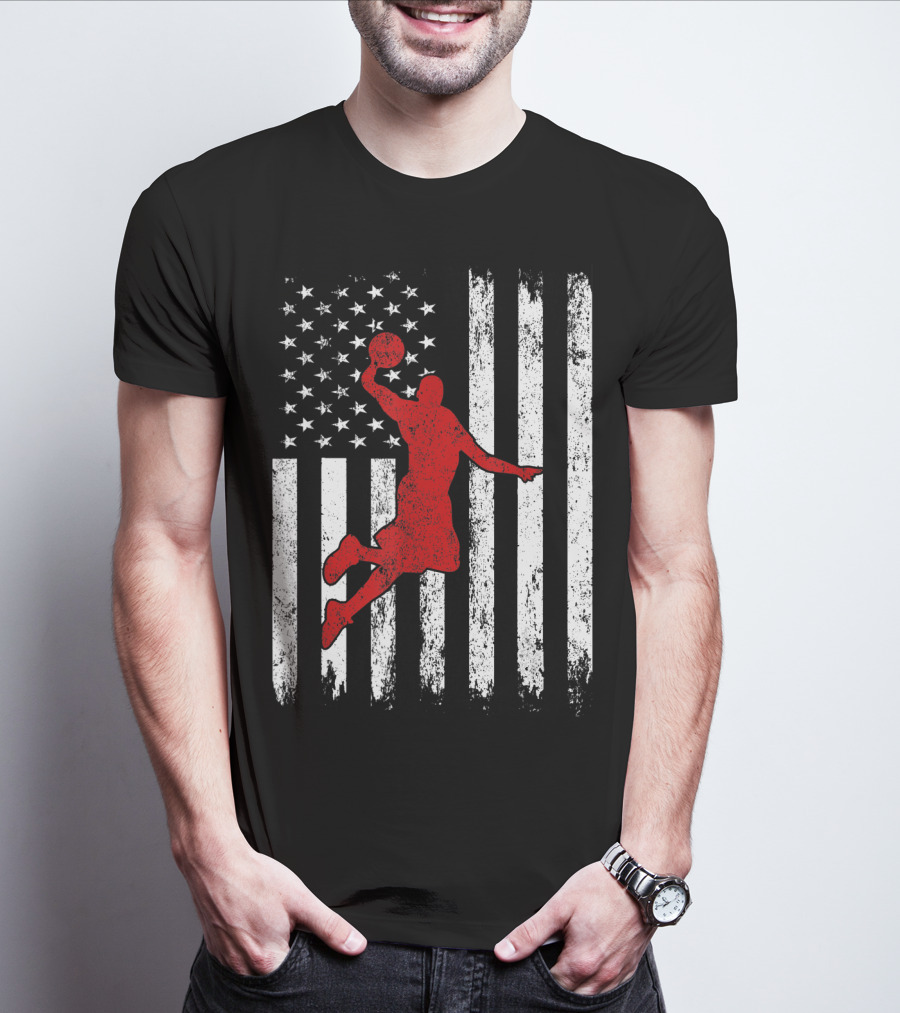Proud American Basketball Vintage Flag Dunking T-Shirt