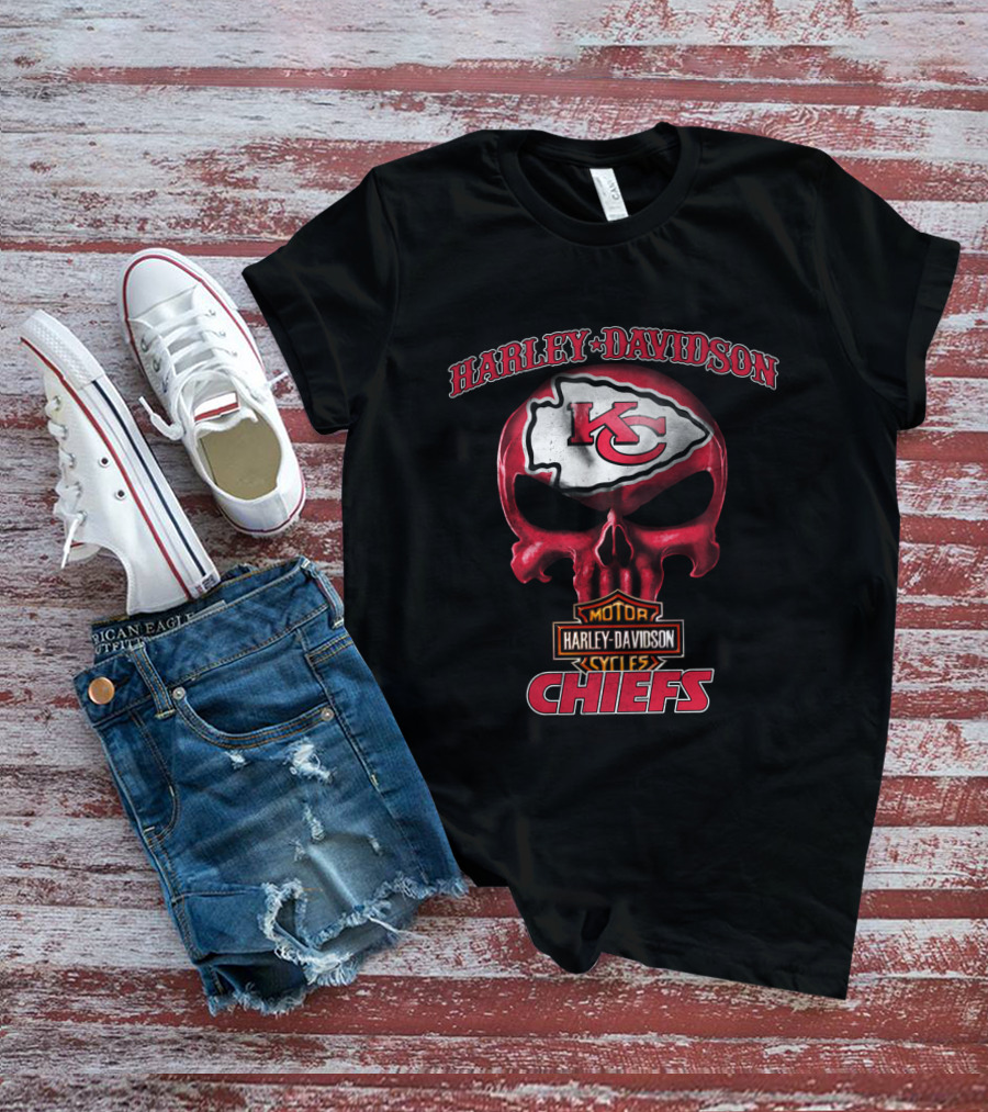 Harley Davidson Kansas City Chiefs Skull Hl Nfl Motor Cycles T-Shirt