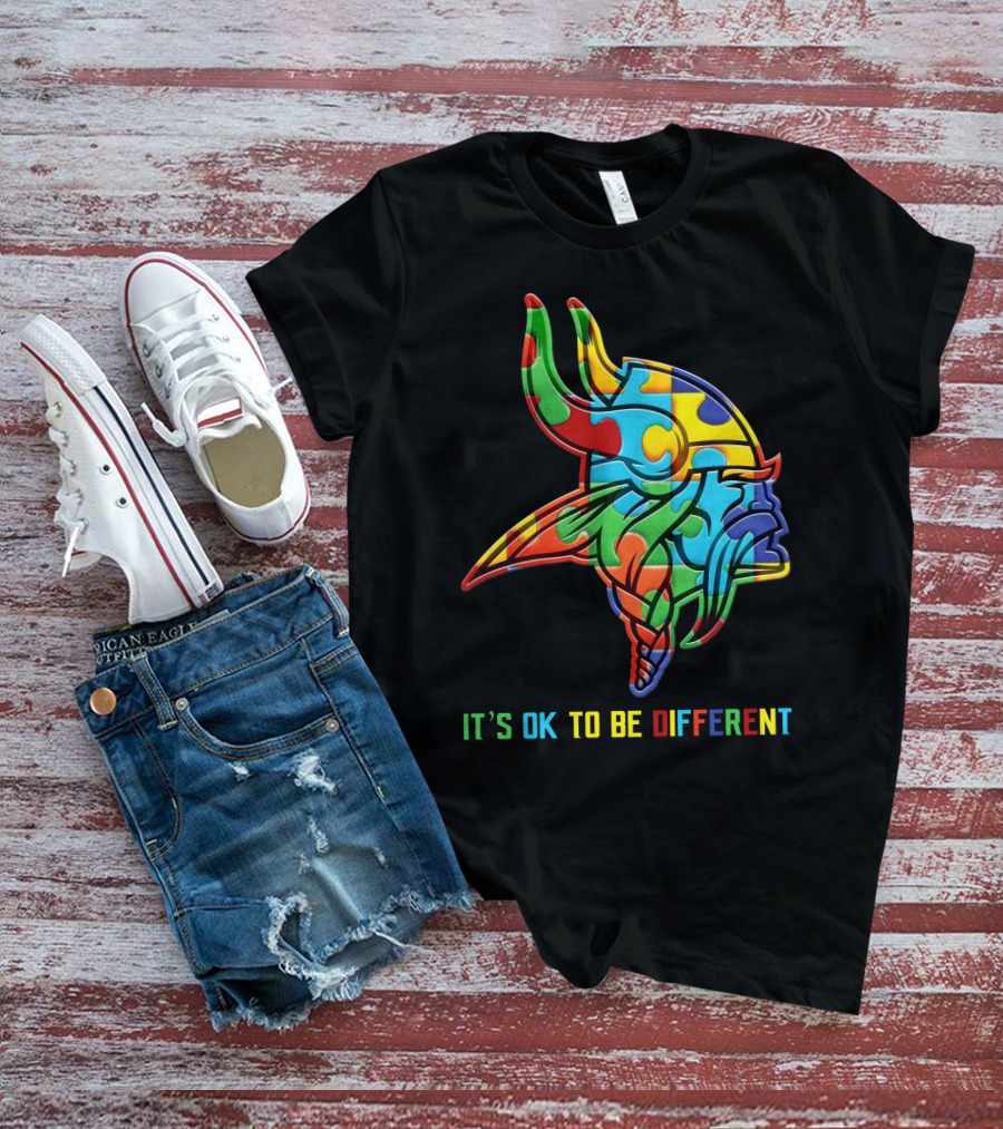 Vikings It's OK To Be Different Colorful Puzzle Viking Helmet T-Shirt