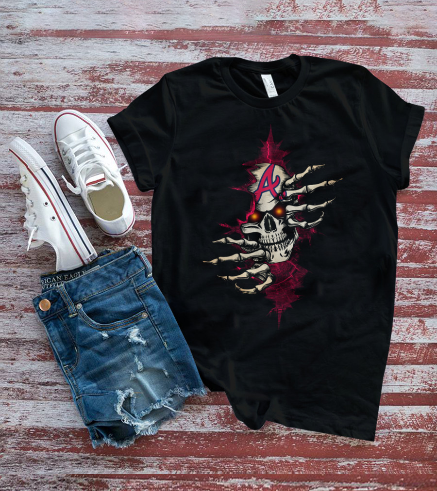 SKULL WITH BRAVES INSPIRED A LOGO AND SKELETAL HANDS T-Shirt