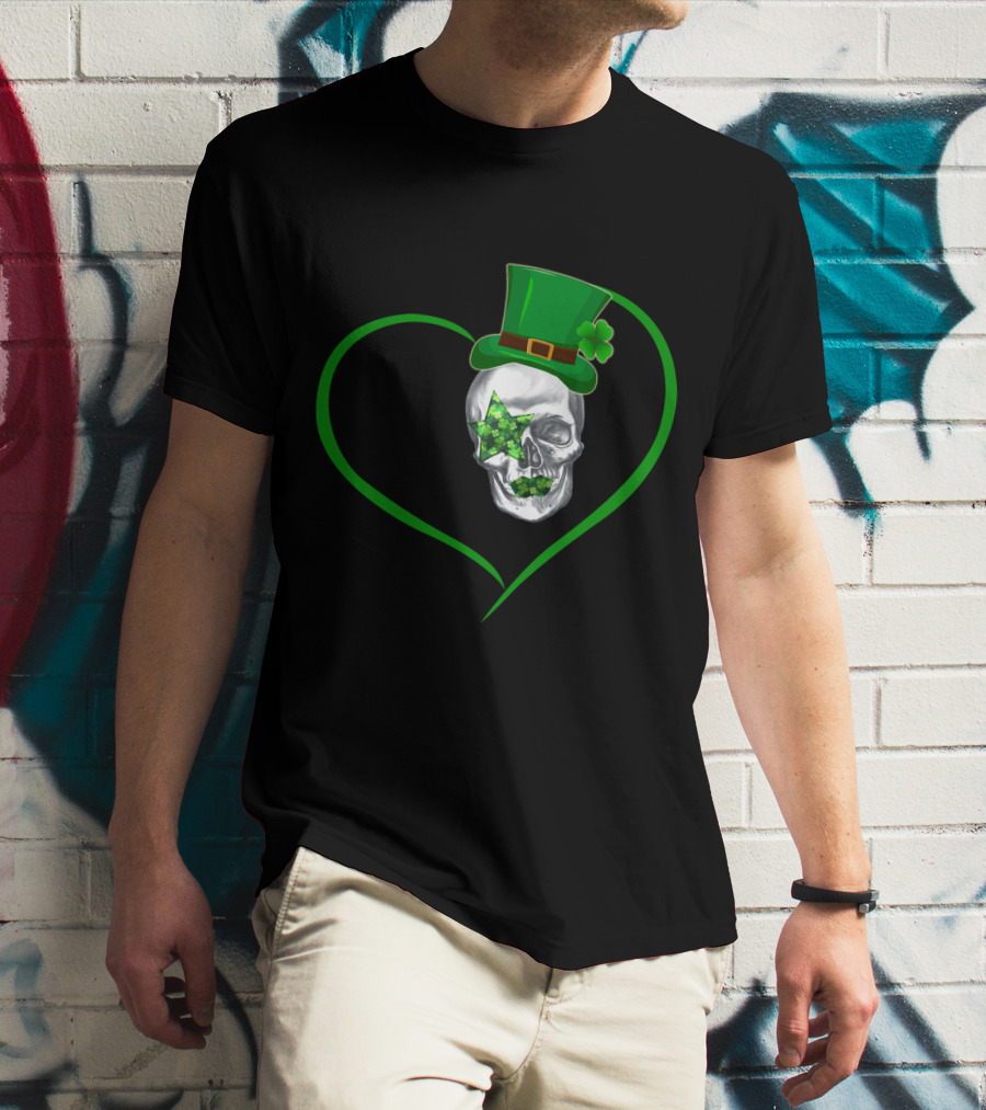 Kiss 02 Skull With Shamrock Star And Green Top Hat Inside Heart Shape T-Shirt