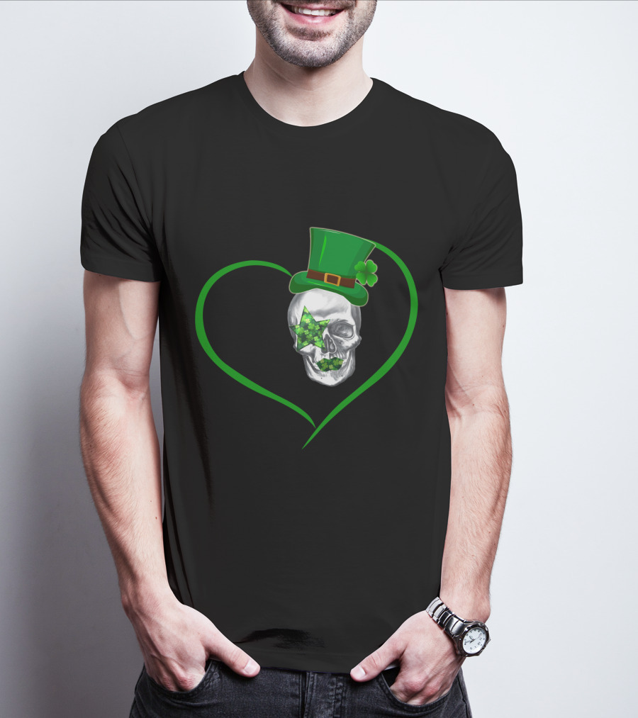 Kiss 02 Skull With Shamrock Star And Green Top Hat Inside Heart Shape T-Shirt