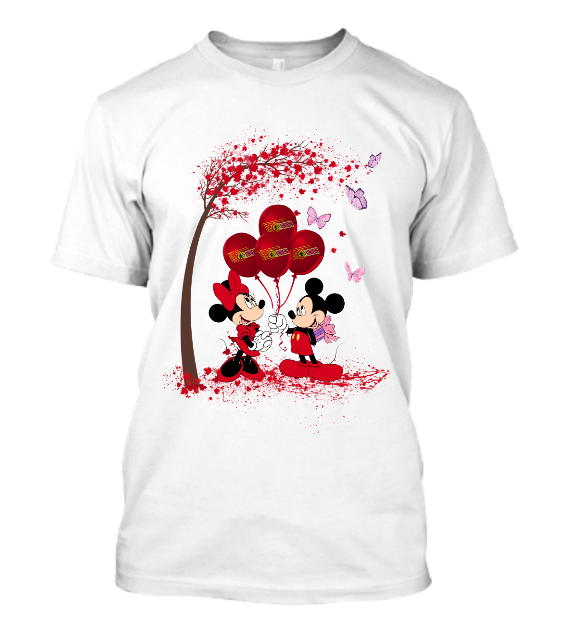 Minnie And Mickey Mouse Holding 1 FC Union Berlin Balloons With Tree And Butterflies T-Shirt