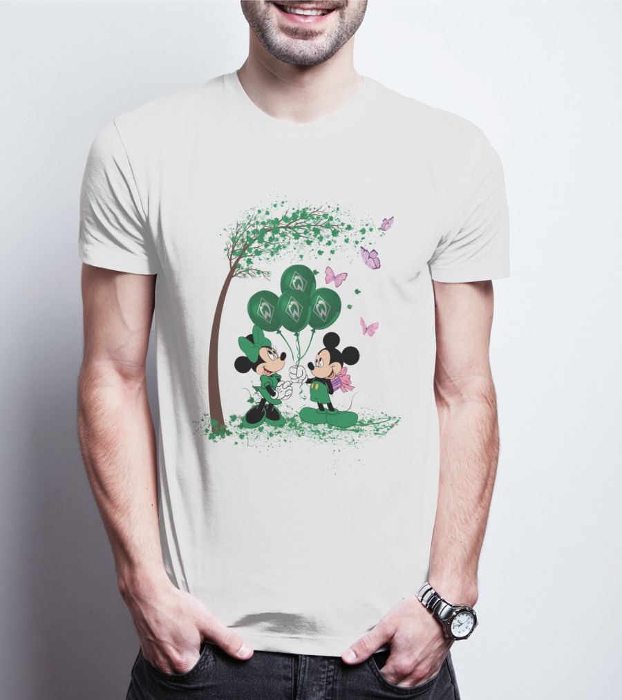 Minnie And Mickey With Green Werder Bremen Balloons Scene T-Shirt