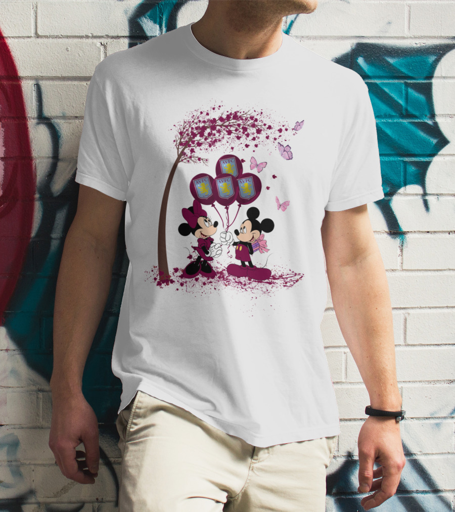 Aston Villa AVFC Balloons With Mickey And Minnie Under Cherry Blossom Tree T-Shirt