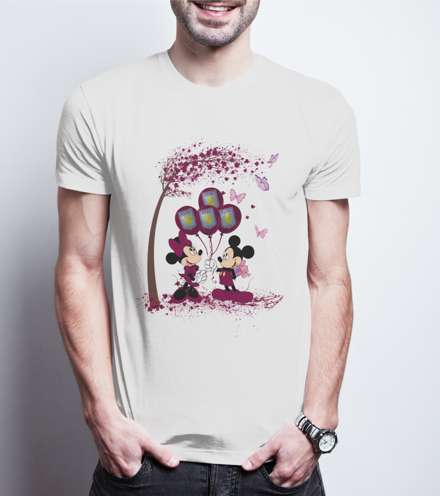 Aston Villa AVFC Balloons With Mickey And Minnie Under Cherry Blossom Tree T-Shirt