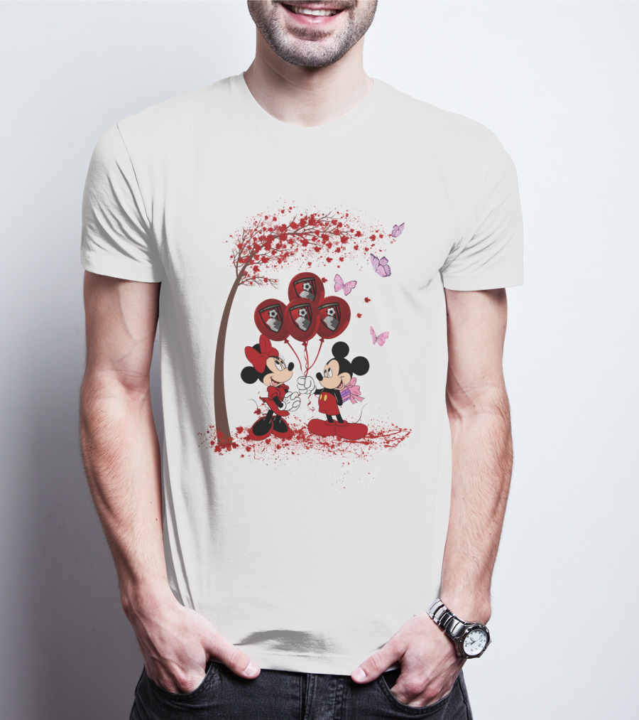 DH 29 Premier League AFC Bournemouth Mickey Minnie Balloons Tree Butterflies T-Shirt