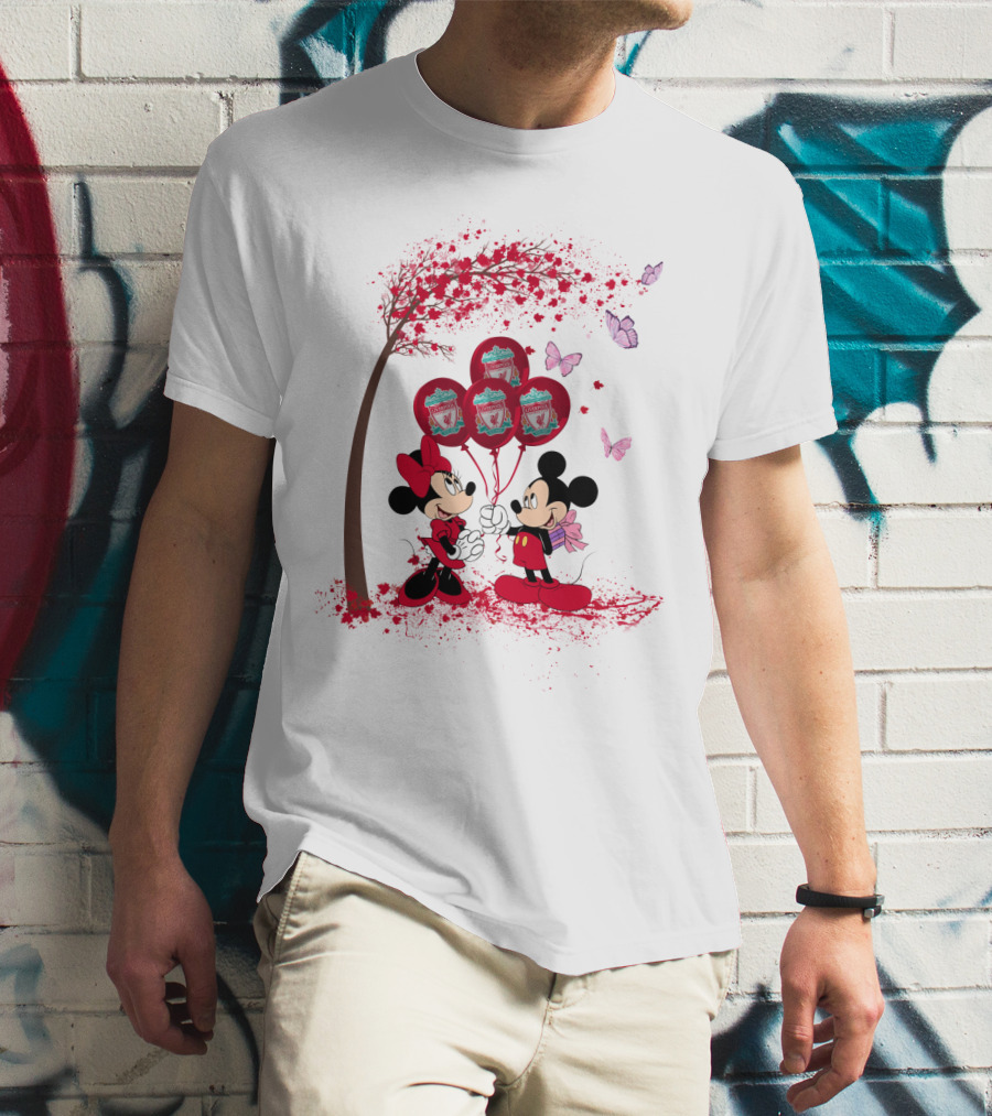 Mickey Minnie Holding Liverpool FC Balloons Under Blossoming Tree With Butterflies T-Shirt